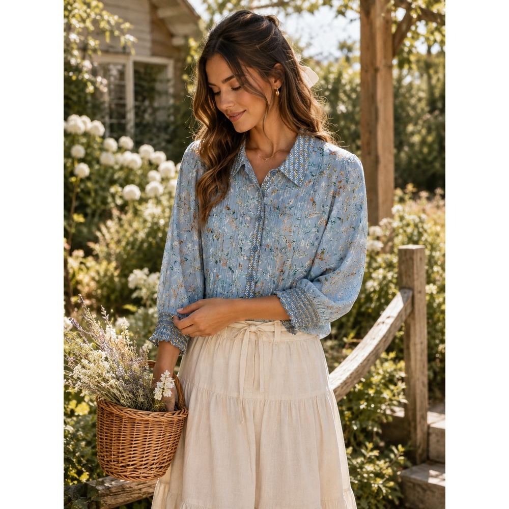 Democracy Blue Floral Pintuck Button Front Rayon Blouse Smocked Sleeve Small P - Picture 1 of 6